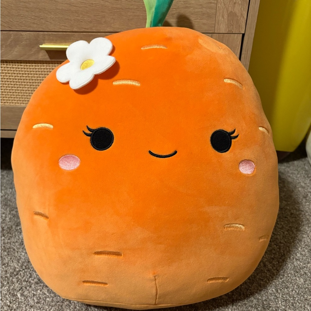Squishmallows Orange Carrot Pillow with Flower Accent